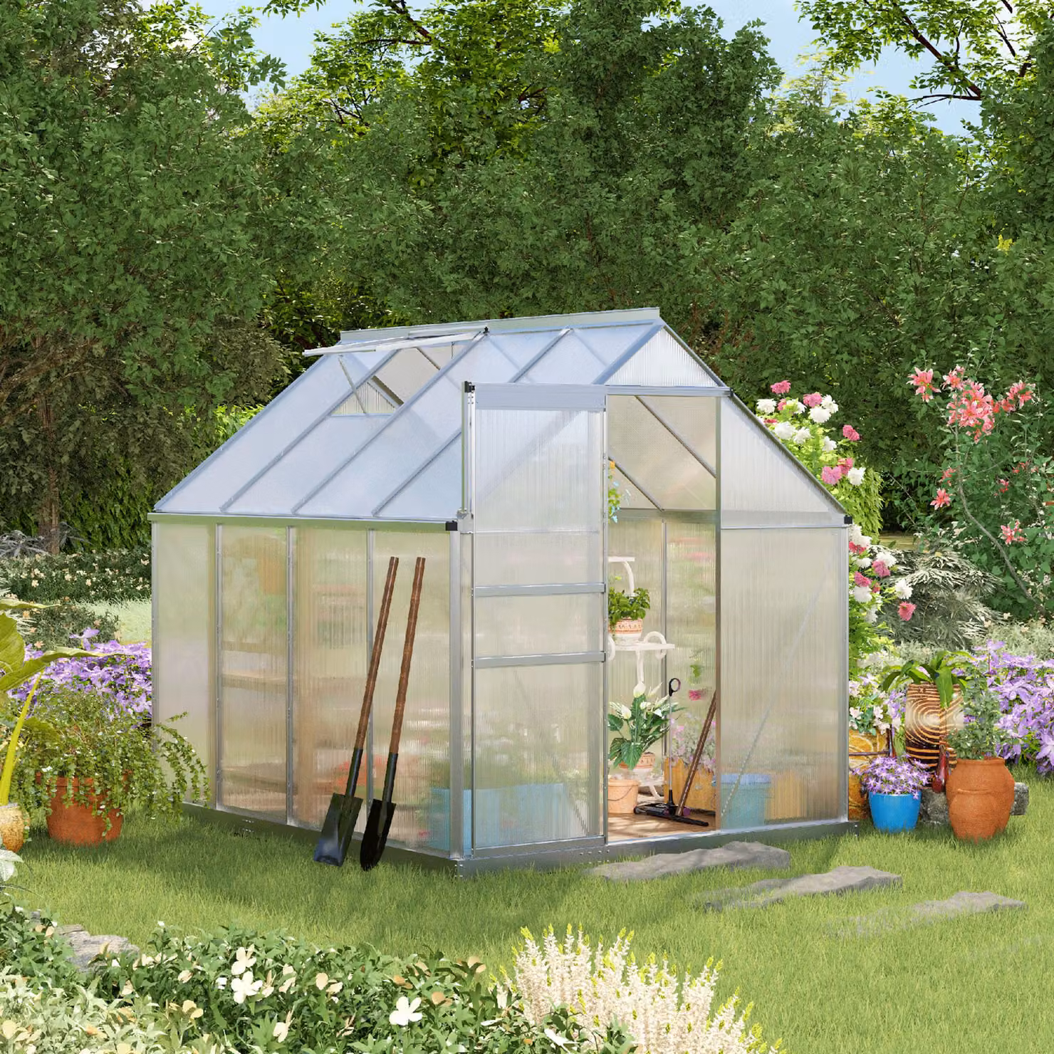 Outsunny Silver-Tone Aluminium Walk-In Greenhouse with Transparent Polycarbonate Panels – 2