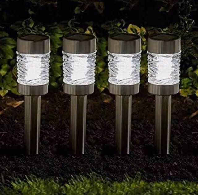 Garden Mile Set of 4 Silver Solar Stake Lights with Dusk Sensor and Glass Cylinders