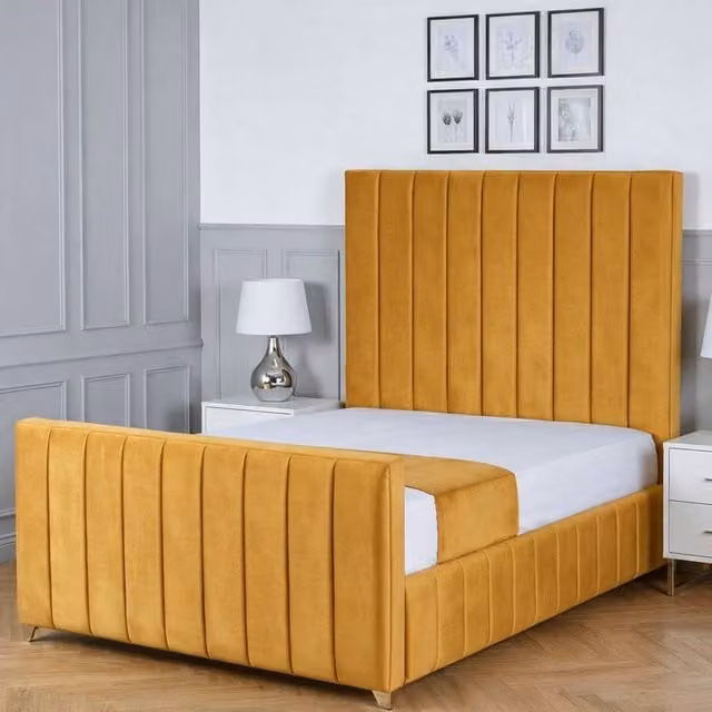 Living Comfort Bedz Zenith Double Upholstered Gas Lift Storage Bed in Yellow Velvet with 48 Inch Headboard, W/D/H: 140 x 200 cm
