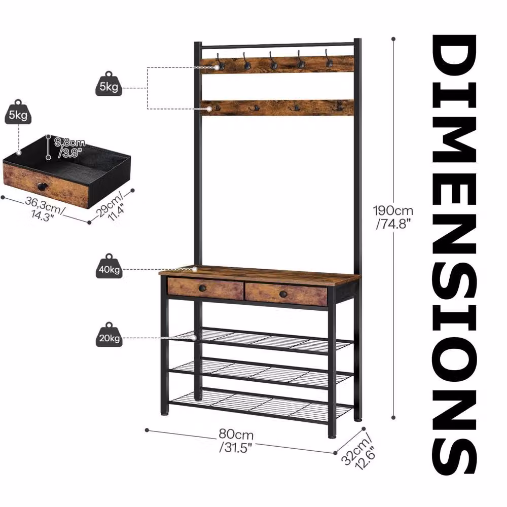 FURNOS Industrial Hall Tree Coat Rack Stand with Shoe Storage Bench in Brown – 3