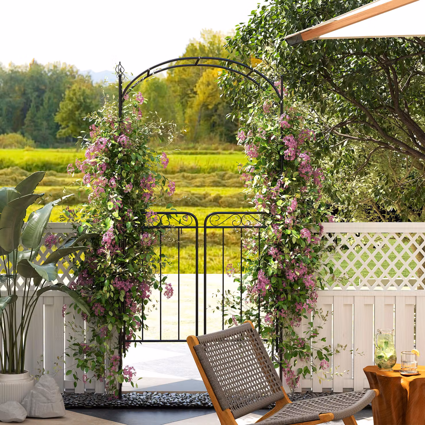 Outsunny Metal Garden Archway Trellis with Gate for Climbing Plants, Black, W/D/H: 108 x 45 x 215 cm – 2