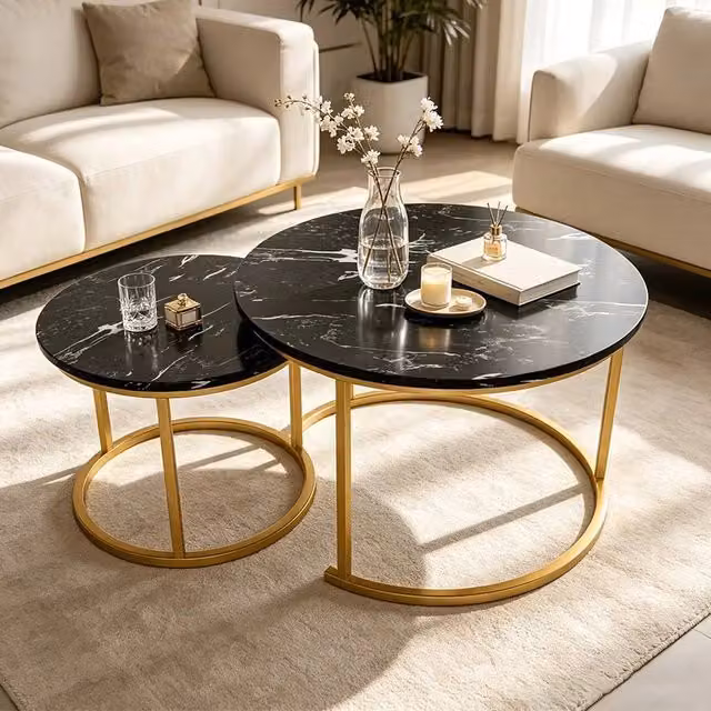 EONLION Set of 2 Round Black Nesting Coffee Tables with Marble Tops – 1