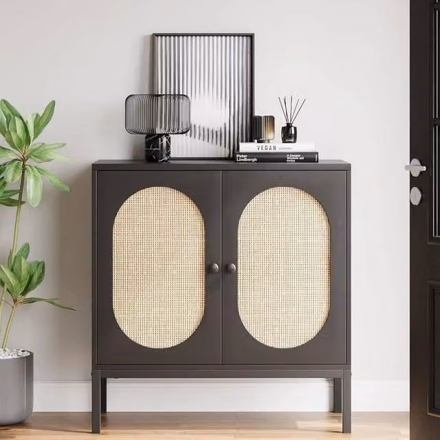 VOGREX Black Rattan Sideboard Storage Cabinet Freestanding Boho Kitchen Cupboard – 1