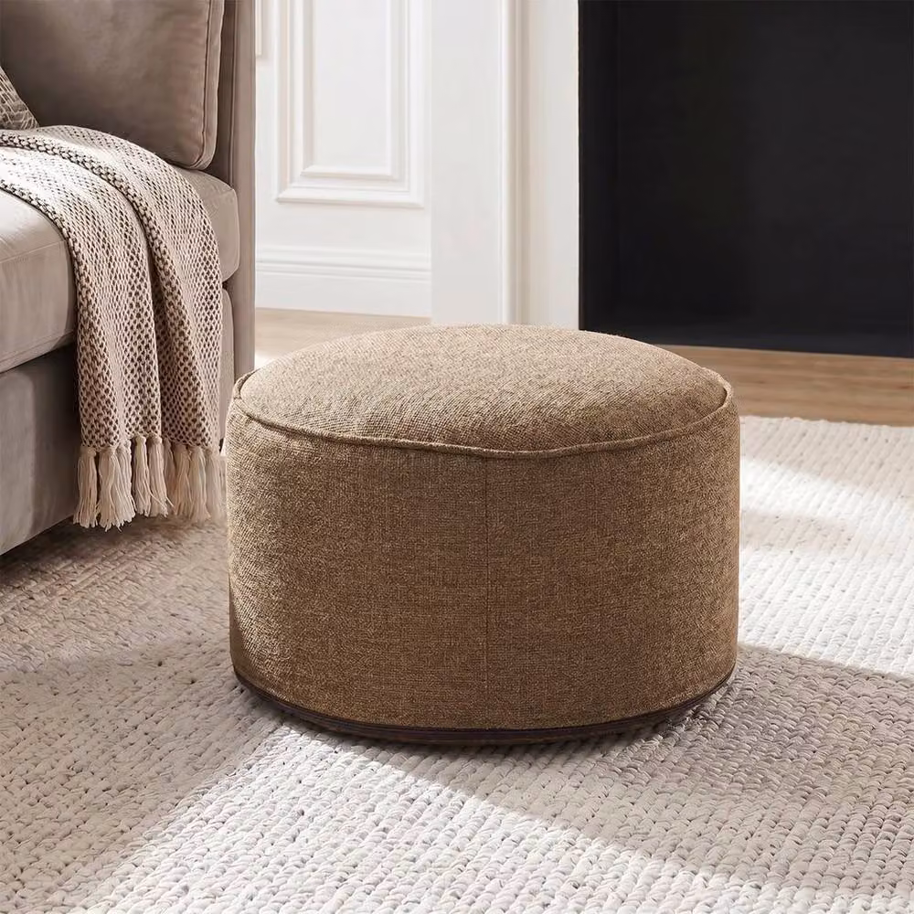 KORVIXA Brown Round Linen Bean Bag Pouf Ottoman Footstool, Diameter: 100 cm – 2