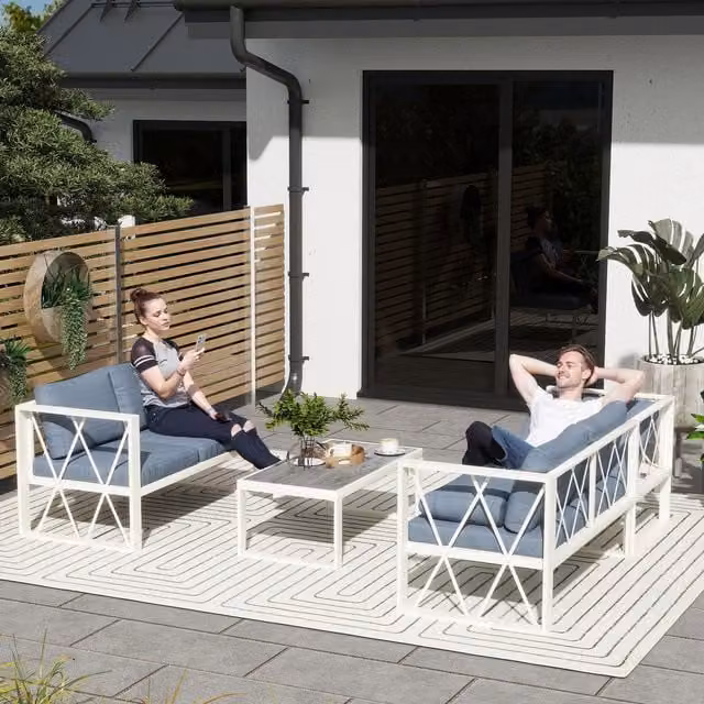 Outsunny 4 Piece L-Shaped Garden Furniture Set with Adjustable Lounger and Upholstered Cushions, Grey