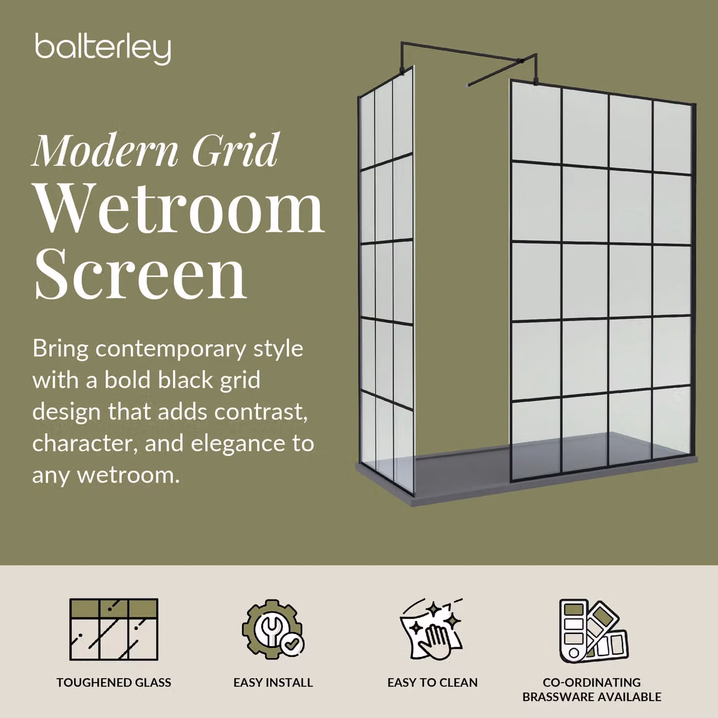 Balterley Walk-in Glass Wetroom Screen and Tray Set, Black, W: 1700 mm, D: 800 mm, H: 1950 mm – 2