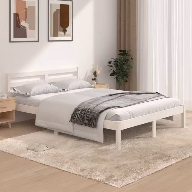 Berkfield Home Solid Wood Pine Double Bed Frame, White, W: 135 cm, L: 190 cm
