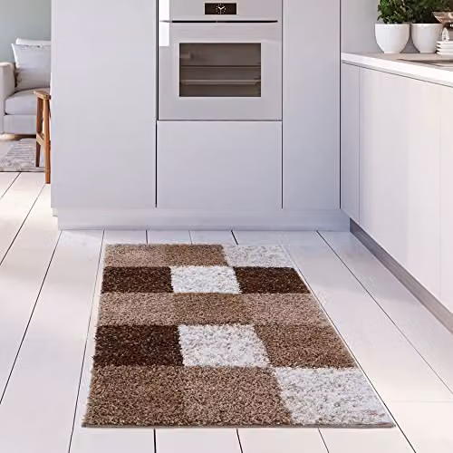 THE RUGS Modern Checked Shaggy Area Rug, Brown, W/D/H: 80 x 150 x 1 cm – 3
