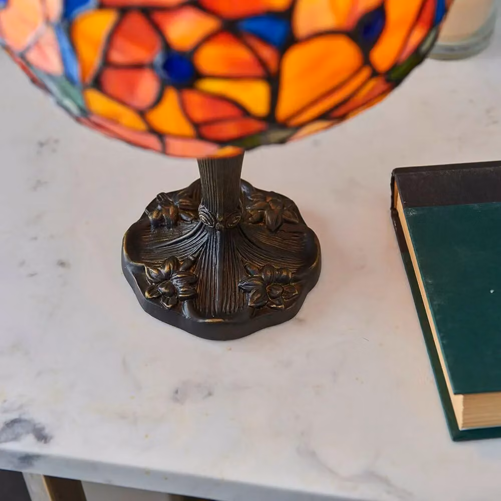 Loops Tiffany Glass Table Lamp with Multi Colour Floral Shade in Dark Bronze – 4