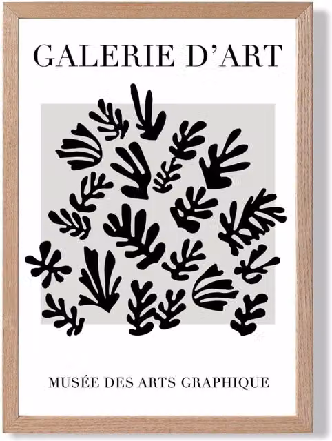 ARTZE Matisse Floral Cutout Framed Print in Grey, Black and White with Oak Wood Frame, A2 Size – 1