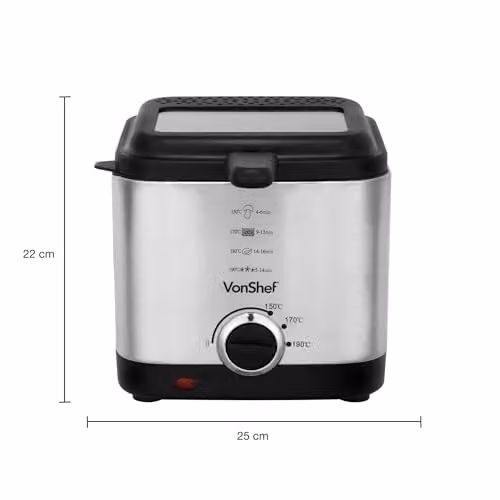 VonShef Stainless Steel Deep Fat Fryer with Adjustable Temperature Control and Non-Stick Removable Basket, Silver, 1.5 l – 7