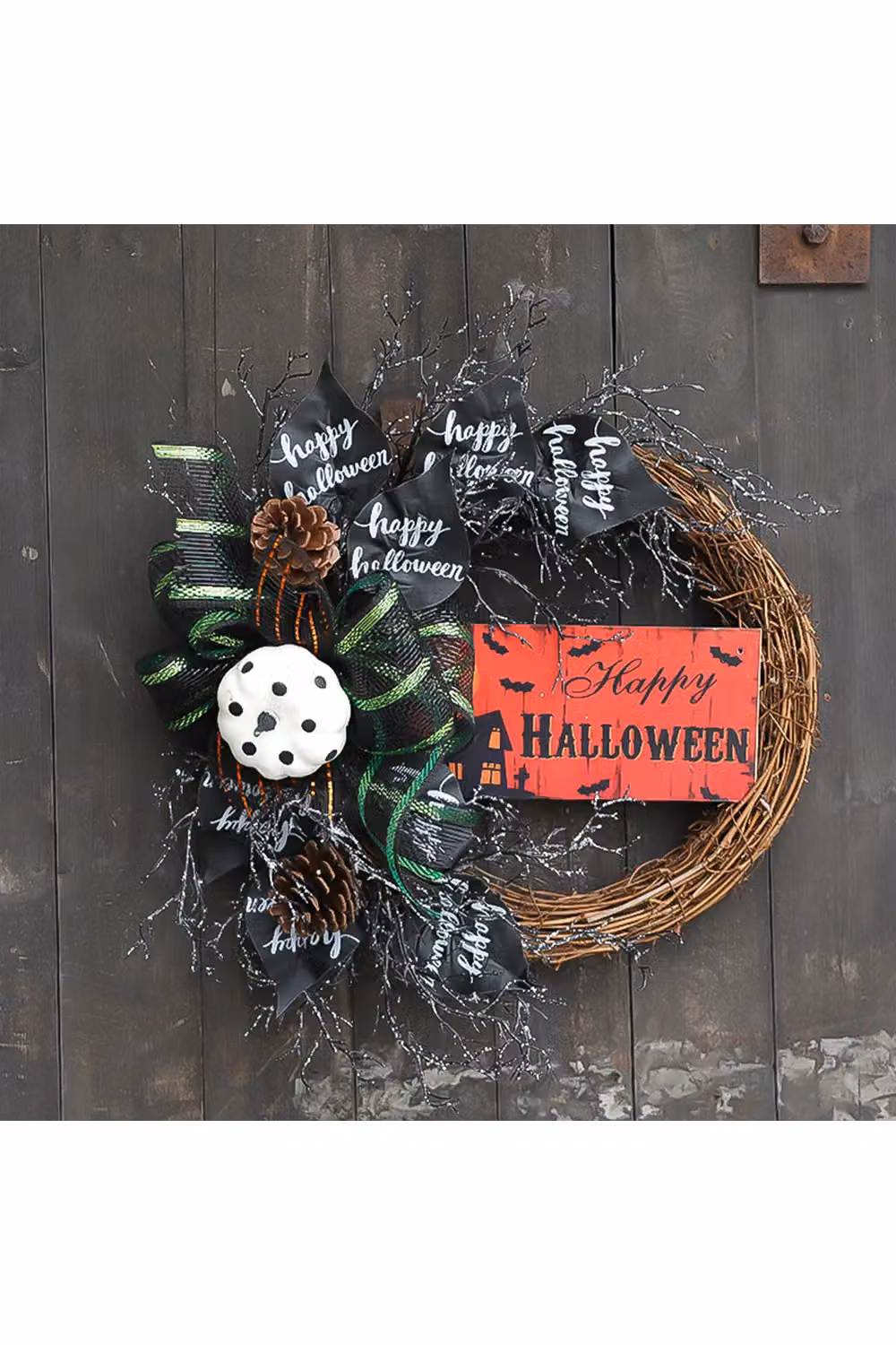 Living and Home Multicolour Halloween Wreath with Pumpkin, Bow, Pine Cones and Halloween Sign, Diameter: 40 cm – 2