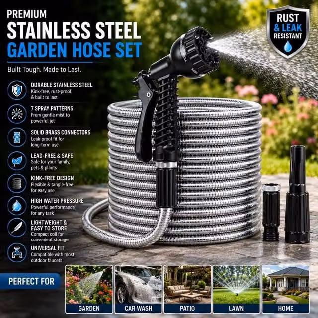 ATEK 25ft Anti-Kink Garden Hose Pipe with Spray Nozzle and Steel Reel in Silver