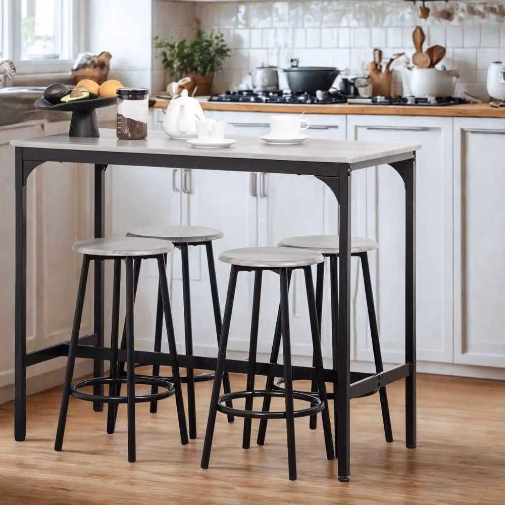 Pirlo Plush 5-Piece Industrial Dining Set with Rectangular Table and Stools in Grey and Black – 4