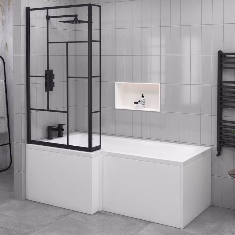 Qubix Left Hand L Shaped Shower Bath Set in White with Abstract Grid Black Framed Screen and Front End Panel, W: 150 cm, D: 85 cm