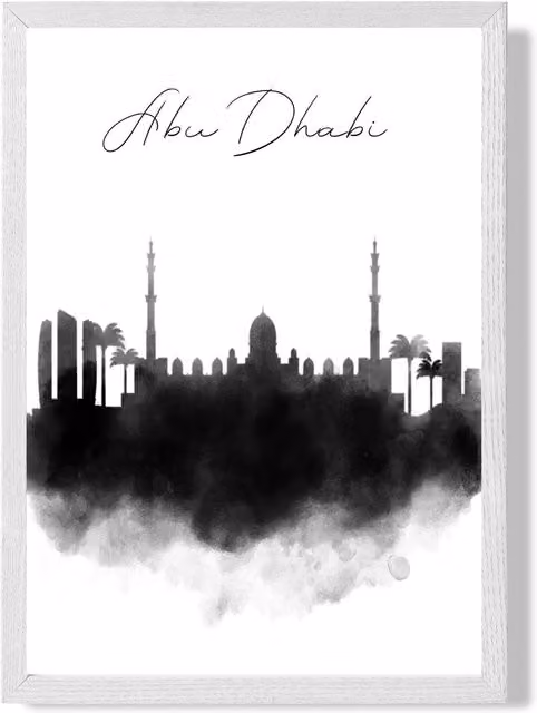 ARTZE Abu Dhabi Watercolour Skyline City Framed Print, Black and White