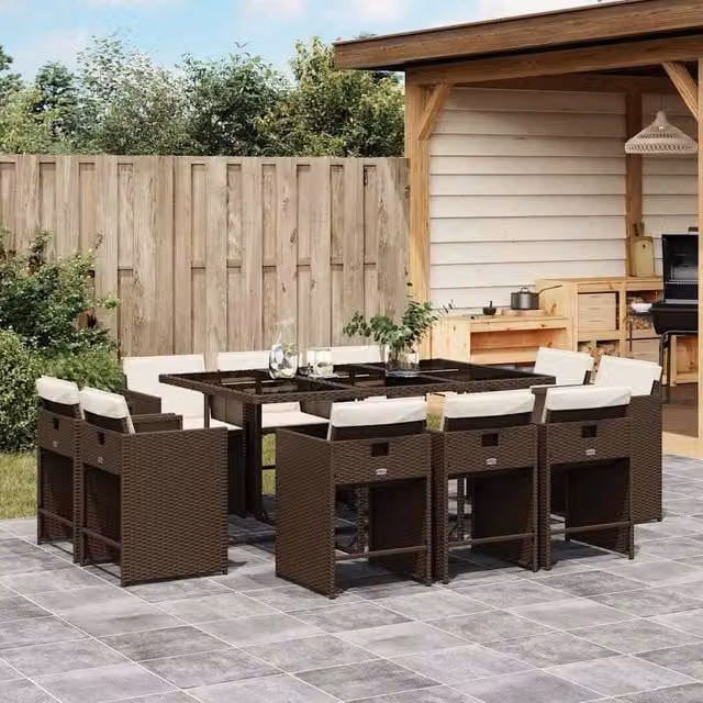 Berkfield Home 11 Piece Brown Poly Rattan Garden Dining Set with Cushions and Glass Tabletop