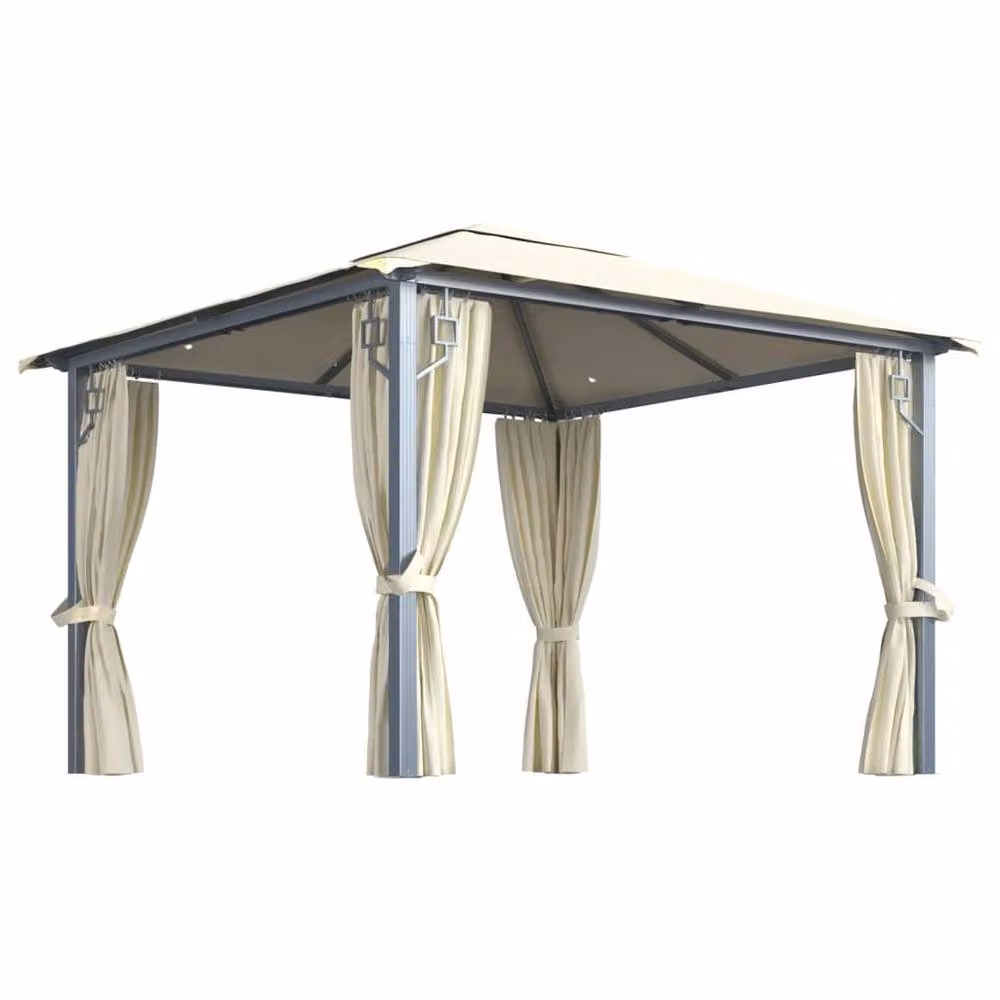 Berkfield Home Gazebo with Curtains and LED String Lights, Beige Aluminium, W/D/H: 300 x 300 x 270 cm – 2