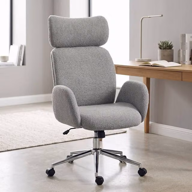 ERGOVEXA Ergonomic Swivel Office Chair with Adjustable Headrest in Grey Bouclé Fabric