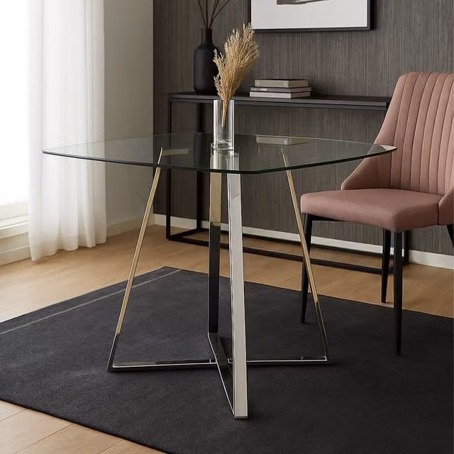 Interiors by Premier Modern Square Glass Dining Table with Silver Metal Legs