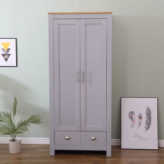 HMD Modern Grey and Oak Bedroom Wardrobe with Hinged Doors and Internal Drawers