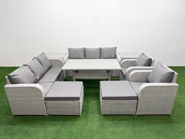 Fimous Grey PE Rattan High Back Lounge Sofa and Rectangular Dining Set with 3 Seater Sofa, Reclining Chair, 2 Footstools and 2 Side Tables