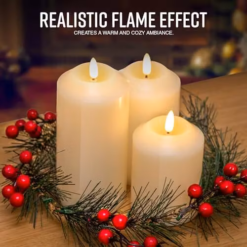 Globrite 3-Pack Flickering Flameless LED Candles with Berry Wreath Christmas Decorations in Beige, White and Multicolour – 2