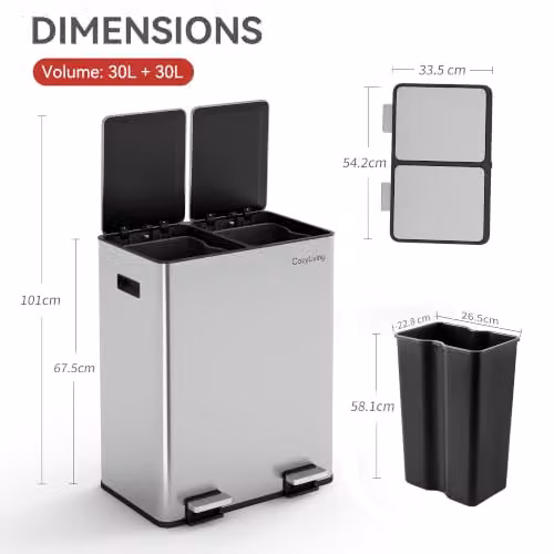 MCC Direct 60L Dual Pedal Bin for Recycling and General Waste in Silver – 2