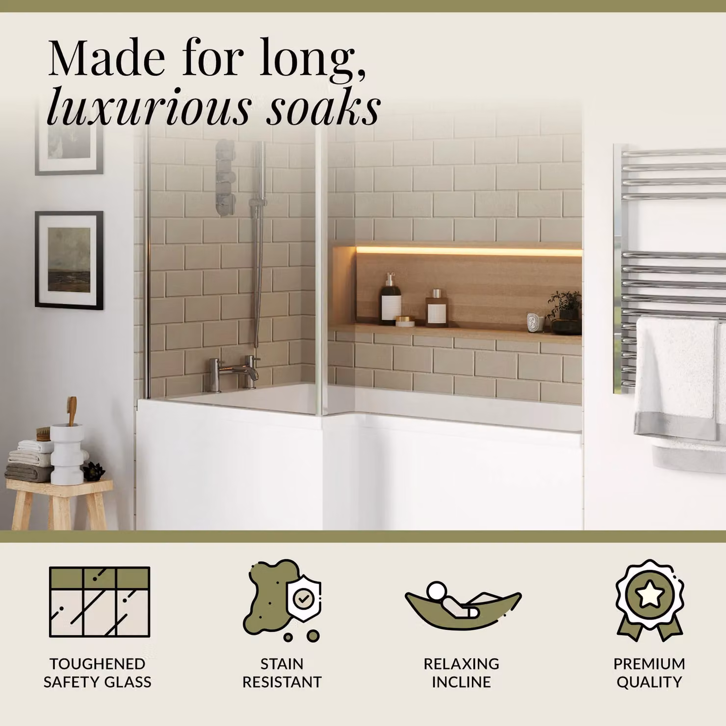 Balterley Right Hand L Shape Square Shower Bath Screen and Front Panel, White, W: 170 cm, H: 194 cm – 2