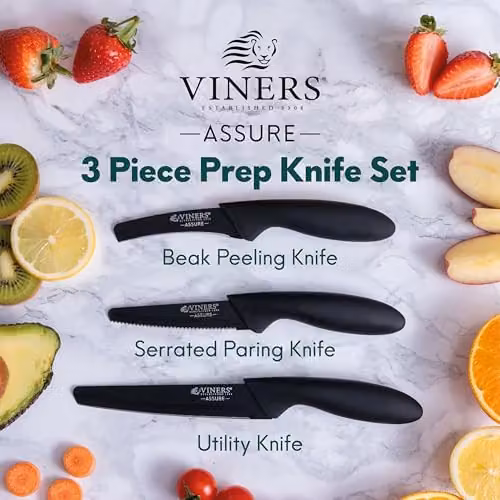 Viners Assure 3 Piece Stainless Steel Prep Knife Set with Paring and Utility Knives in Black – 3