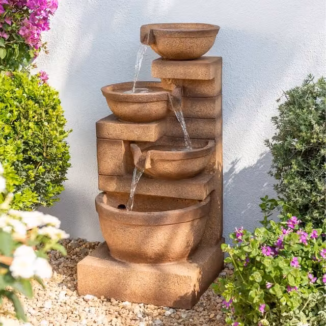 Primrose Kendal 4-Tier Cascading Bowls Water Feature with Lights in Brown