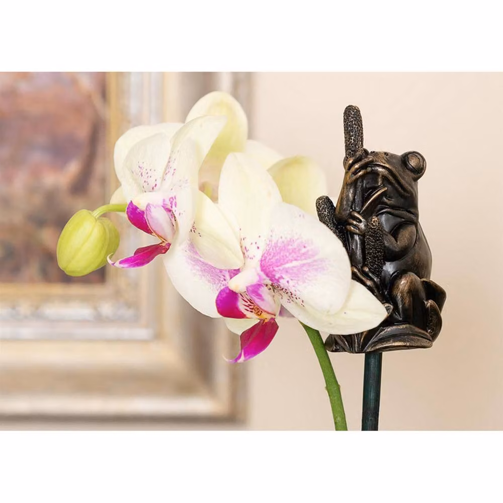 Jardinopia Frog On Bullrush Cane or Stake Topper in Bronze, W: 4 cm, D: 4 cm, H: 8.5 cm – 4