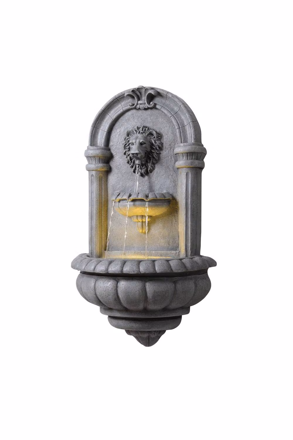 Teamson Home Lion Head Wall-Mounted Garden Fountain with LED Lighting in Grey Natural Stone Style – 4