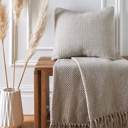 Drift Home Woven Cotton Throw in Beige and Sand with Fringes, W: 200 cm, D: 200 cm, H: 1 cm – 3