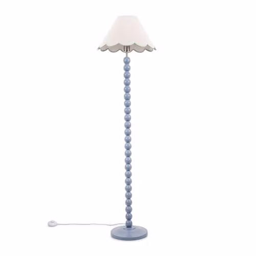 ValueLights Bobbin Stem Floor Lamp in Blue with Green Fabric Scallop Shade