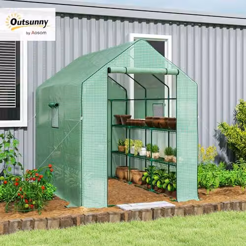 Outsunny Walk-in Greenhouse with Shelving in Green, W/D/H: 140 x 213 x 190 cm – 2