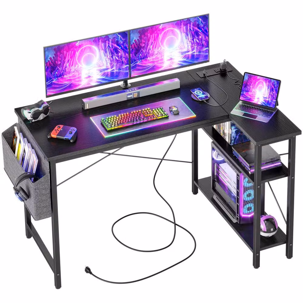BEXEVUE Black L-Shaped Gaming Desk with Power Outlets and Shelves, W/D/H: 120 x 70 x 75 cm – 2