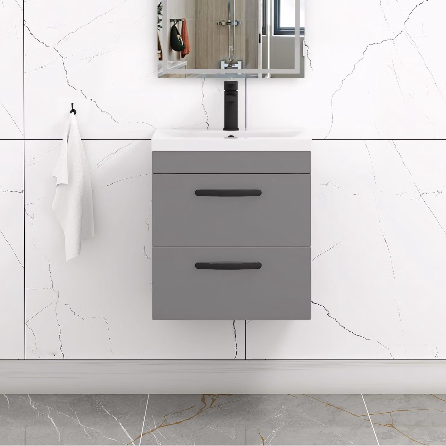 Royal Bathrooms Turin 500mm Wall Hung Vanity Unit in Indigo Grey Gloss with 2 Drawers and Matt Black Handles