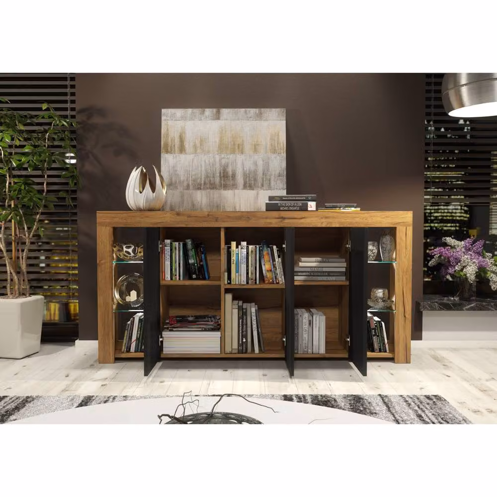 Mex Furniture LTD Eden Sideboard in Dark Oak and Black Matt with Integrated LED Lights, W: 164 cm, H: 83 cm, D: 35 cm – 3