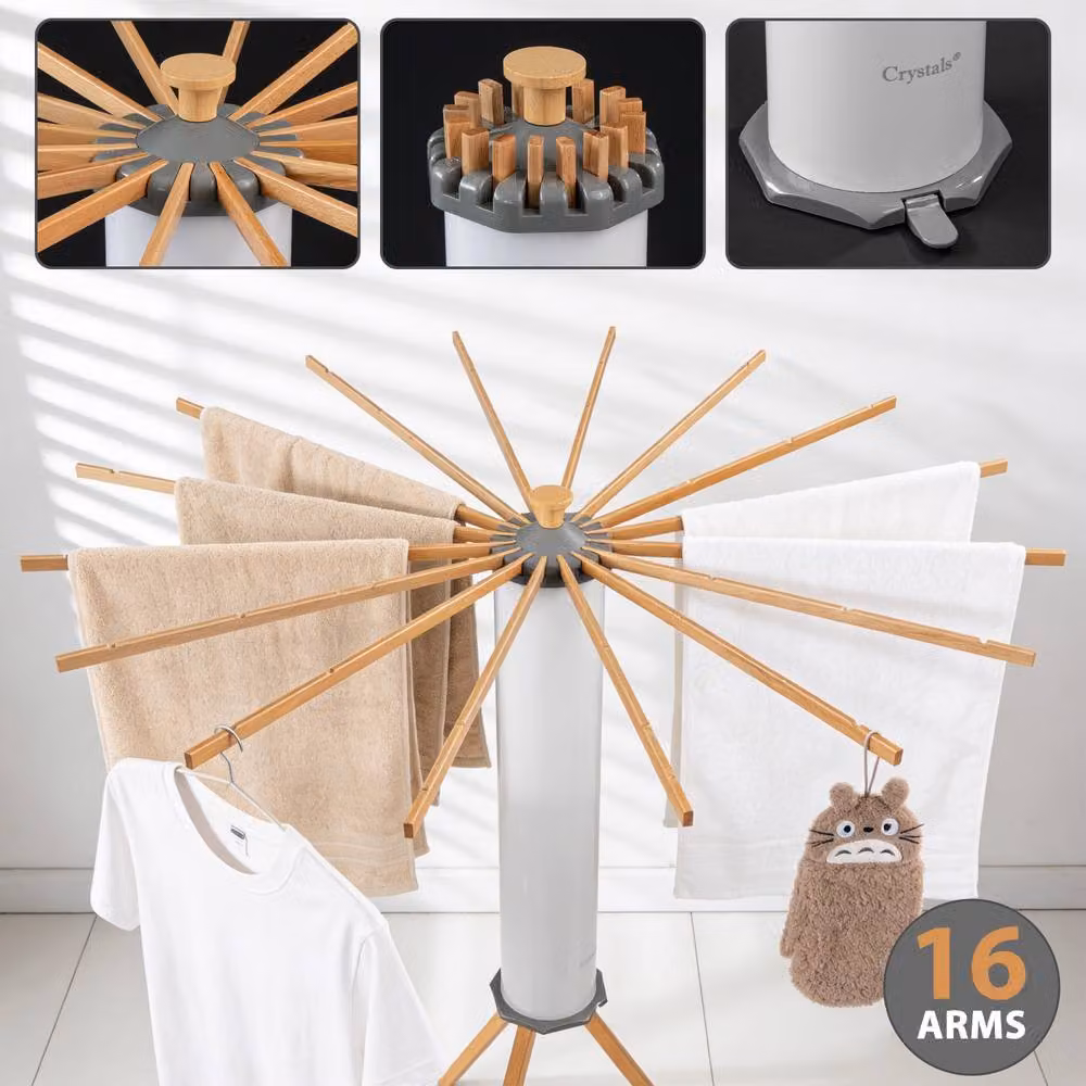 Crystals Octopus Drying Rack Clothes Airer with 16 Wooden Rod Arms, Foldable, White, W/D/H: 120 x 110 x 0 cm – 2