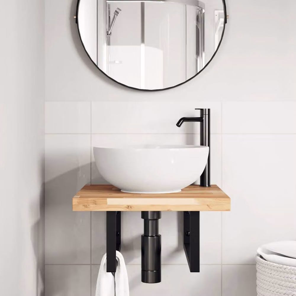Berkfield Home Wall Mounted Basin Shelf in Brown Acacia Wood and Steel – 2