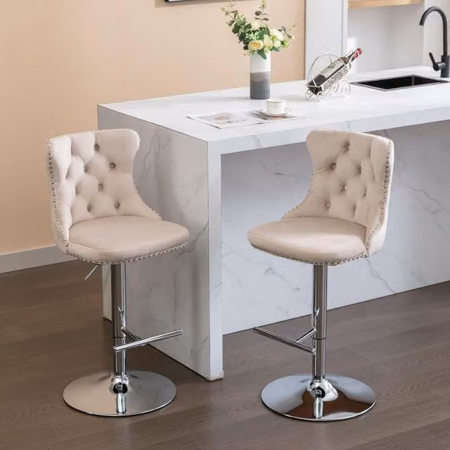 HomeTouch Set of 6 Modern Beige Velvet Swivel Bar Stools with Metal Legs – 1