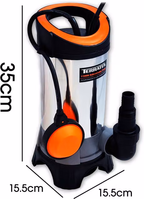 Terratek 1100W Submersible Stainless Steel Dirty Water Sump Pump, Silver