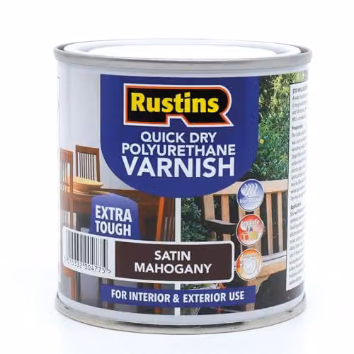 Rustins Quick Dry Polyurethane Varnish in Satin Mahogany, 250ml, Water-Based Brown Finish