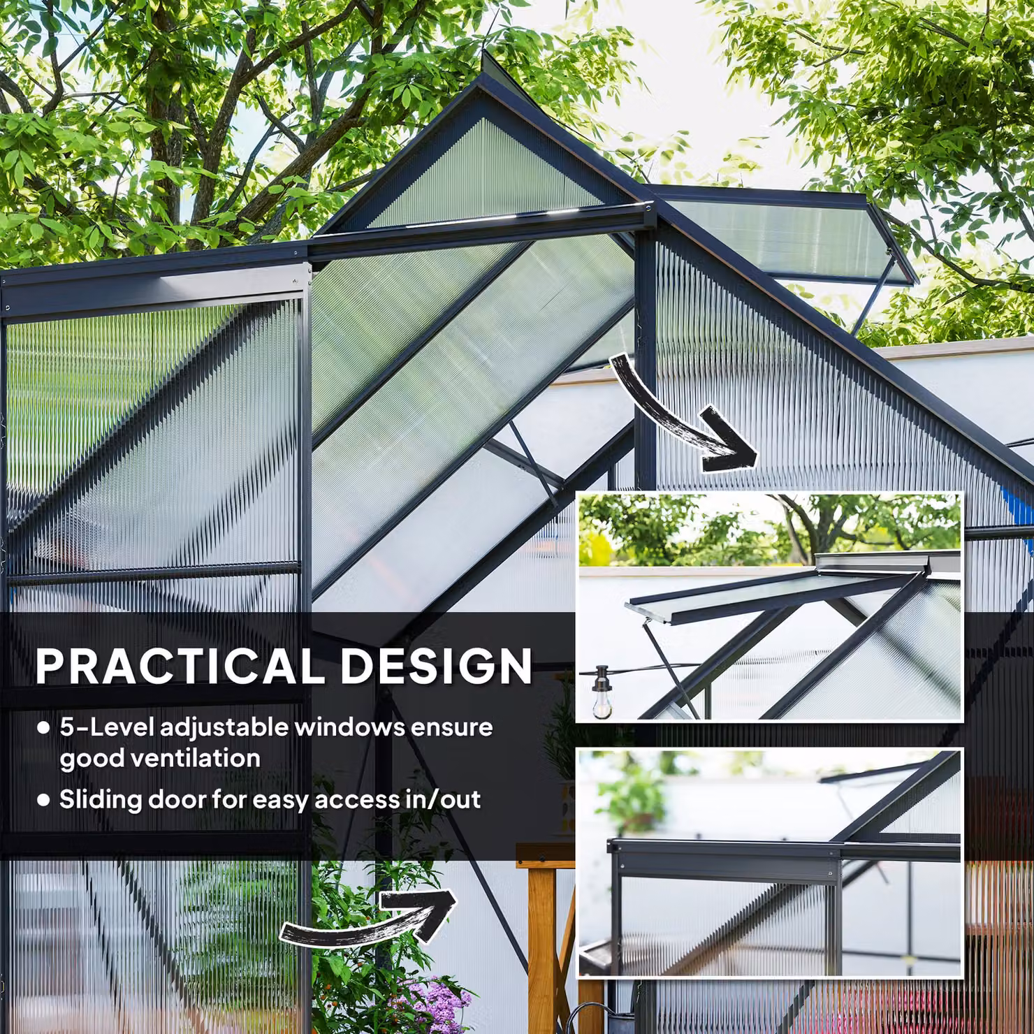 OUTSUNNY Polycarbonate Walk-in Garden Greenhouse with Sliding Door and Windows, Grey, W/D/H: 200 x 190 x 190 cm – 4