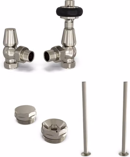 UK Radiators Signature Wooden Head Thermostatic Radiator Valve and Lockshield Installation Kit in Silver Nickel Matt Finish