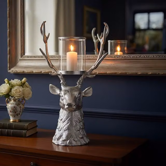 Orsina Stag Glass Candle Holder in Silver and Transparent with Hurricane Design and Stag Head Base – 2