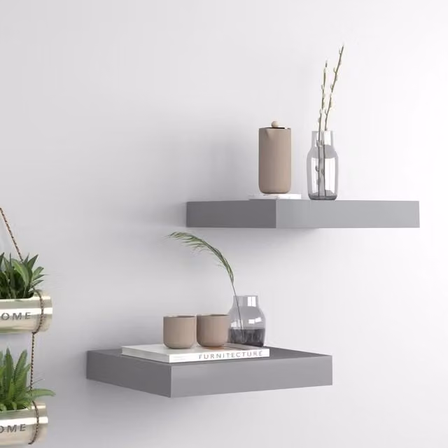 Berkfield Home Set of 2 Grey Floating Wall Shelves, W/D/H: 23 x 23.5 x 2 cm