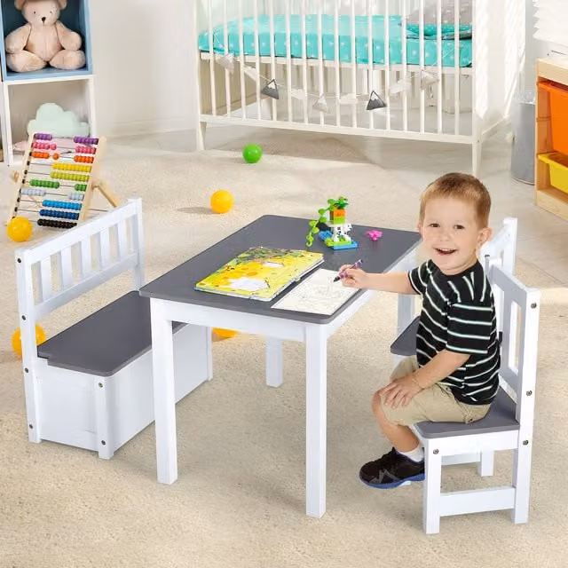 Costway 2-in-1 Toddler Table and Storage Bench Set in Grey