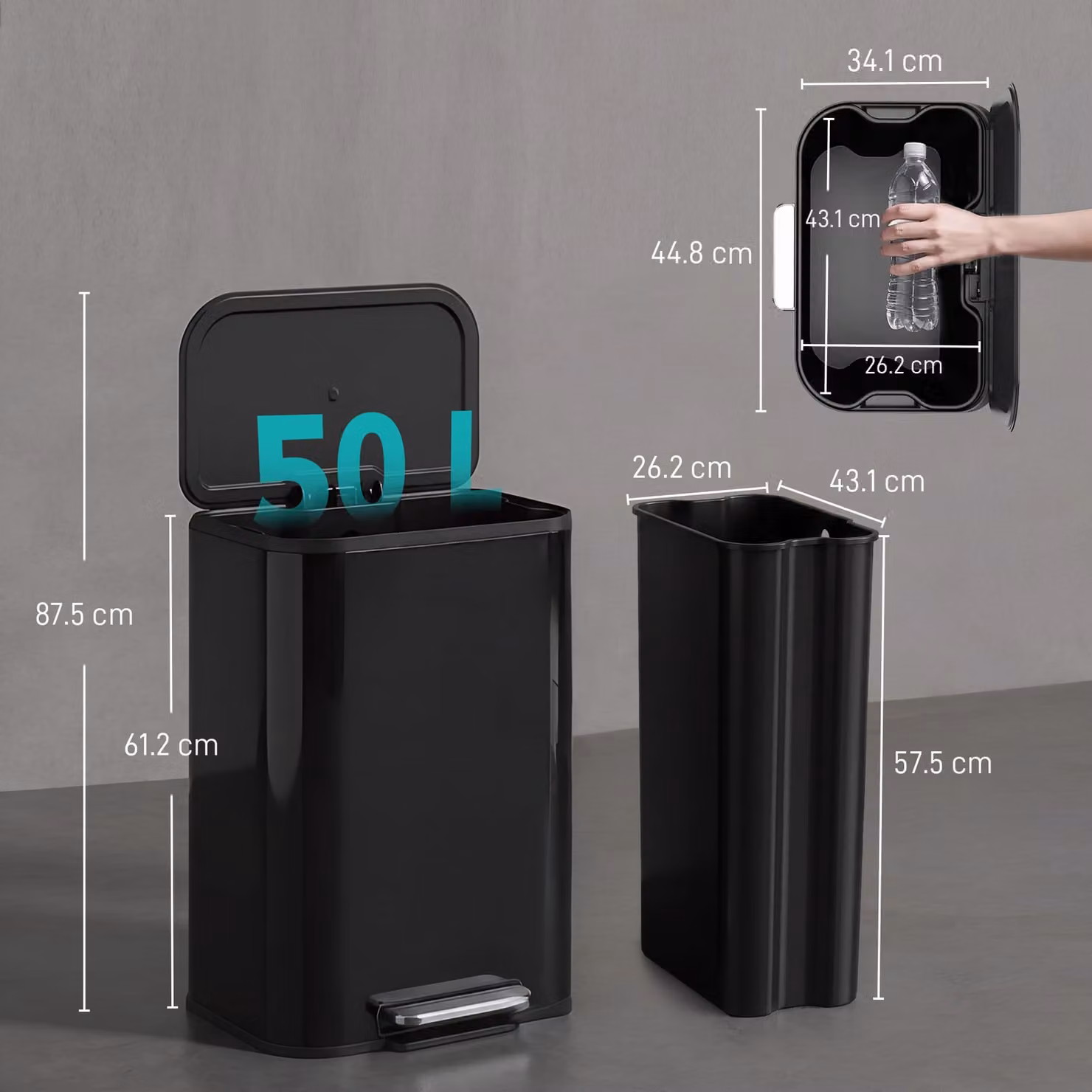 HOMCOM 50L Metal Kitchen Pedal Bin with Soft Close and Removable Inner Bucket, High Gloss Black – 2